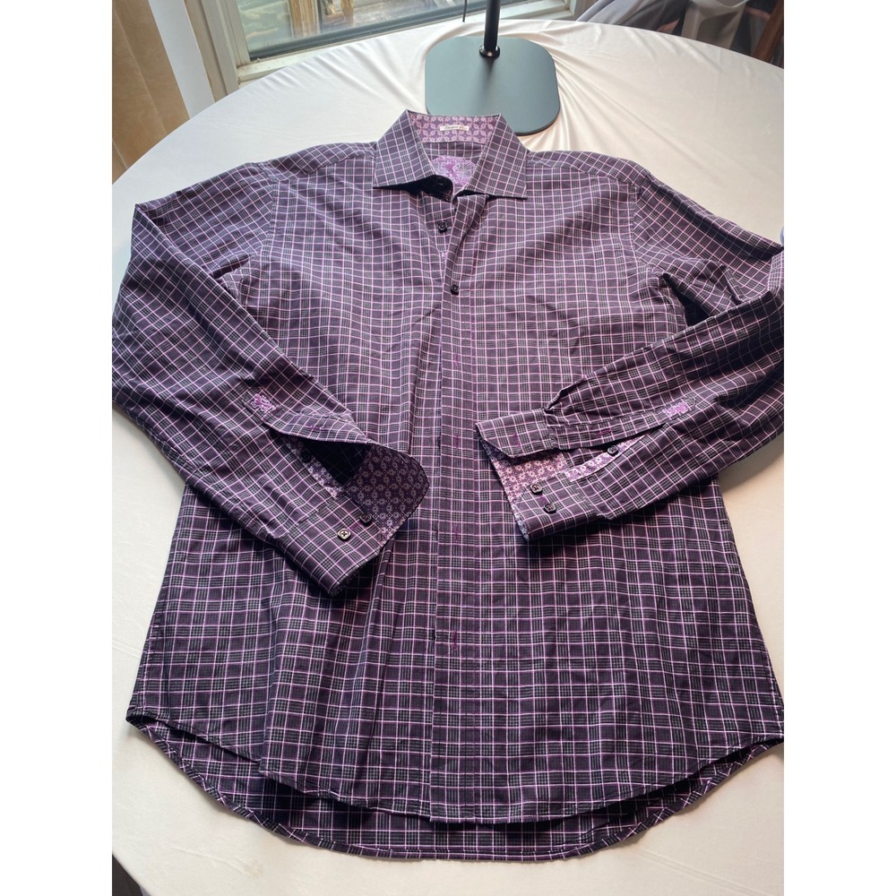 Bugatchi Uomo Mens Shaped Fit Button Down Shirt Purple Black Grid Plaid Cotton